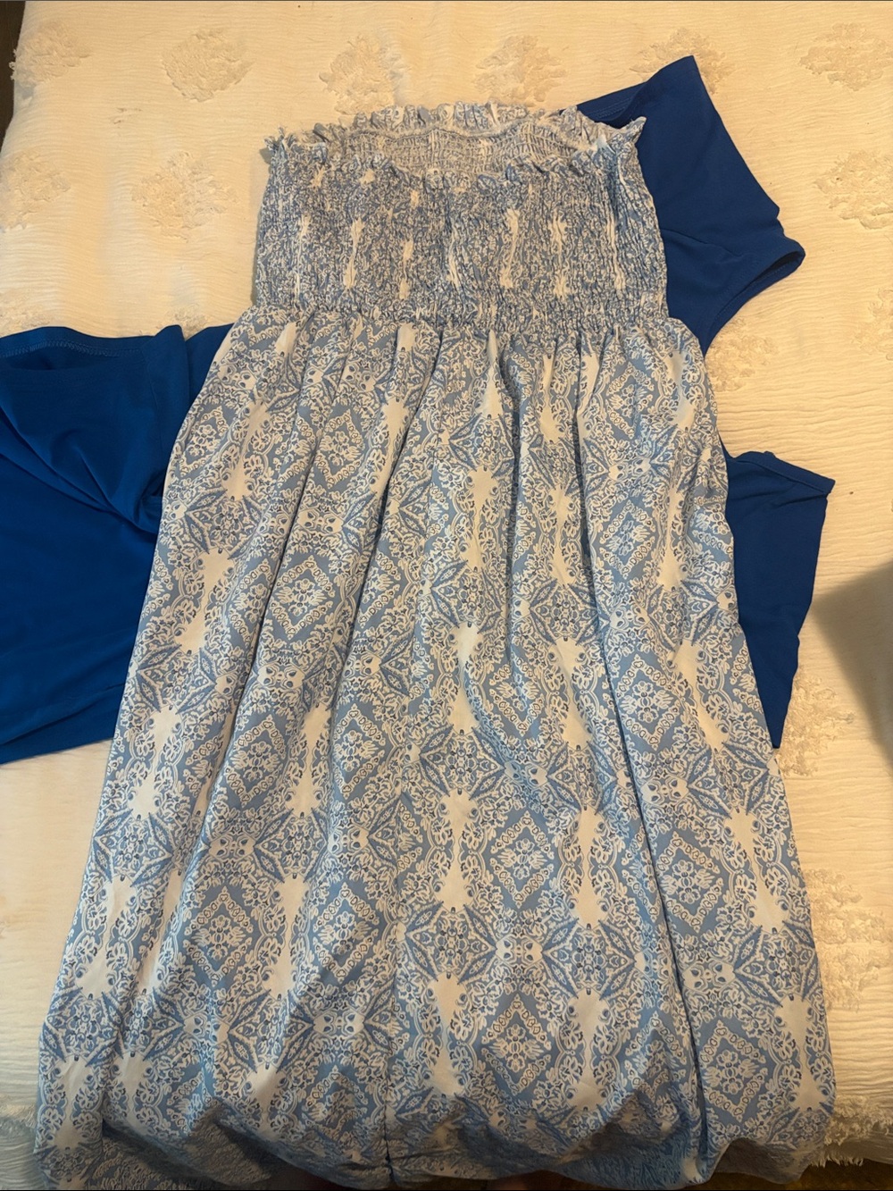 Amazon Blue and White Smocked Strapless Camisole